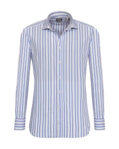 Camicia trendy bianca a righe blu e azzurre, slim francese_0