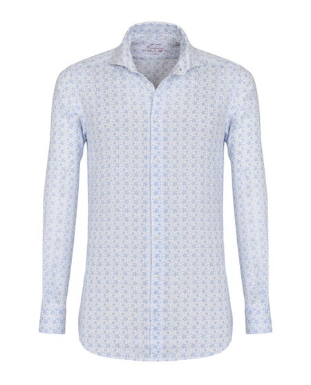 Camicia trendy in lino bianca con microfantasia floreale celeste, extra slim francese_0