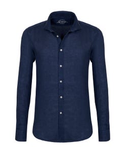 Trendy dyed navy blue linen shirt with a slim-comfort fit button down_0